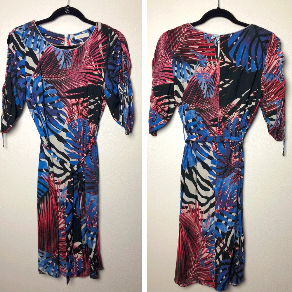 Airfield Tropical Palm Cold Shoulder Dress with Waist Tie
